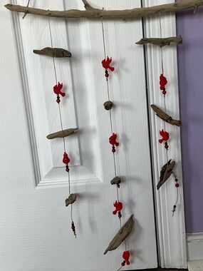 Rustic Driftwood Hanging Mobile with Red Cardinals